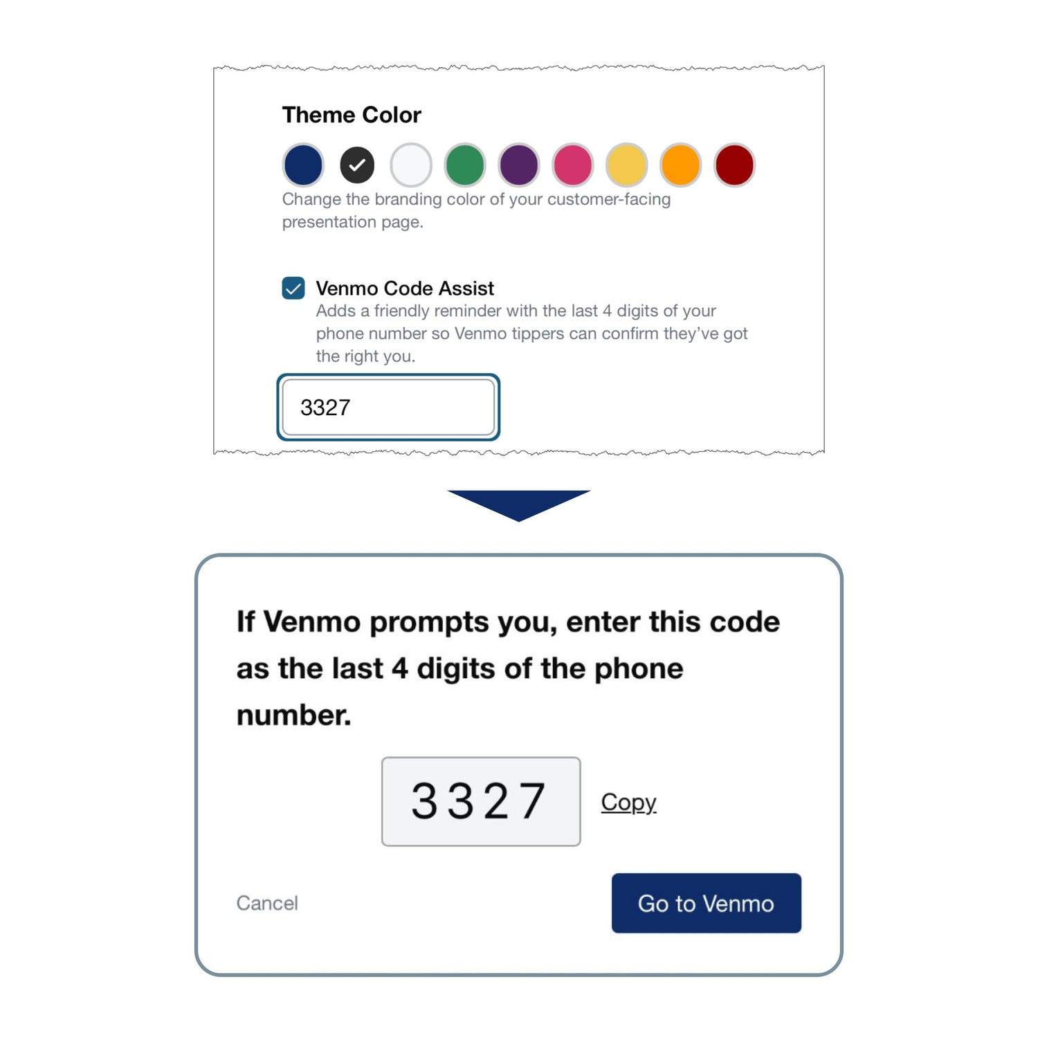 Artfare features including branding and Venmo Code Assist