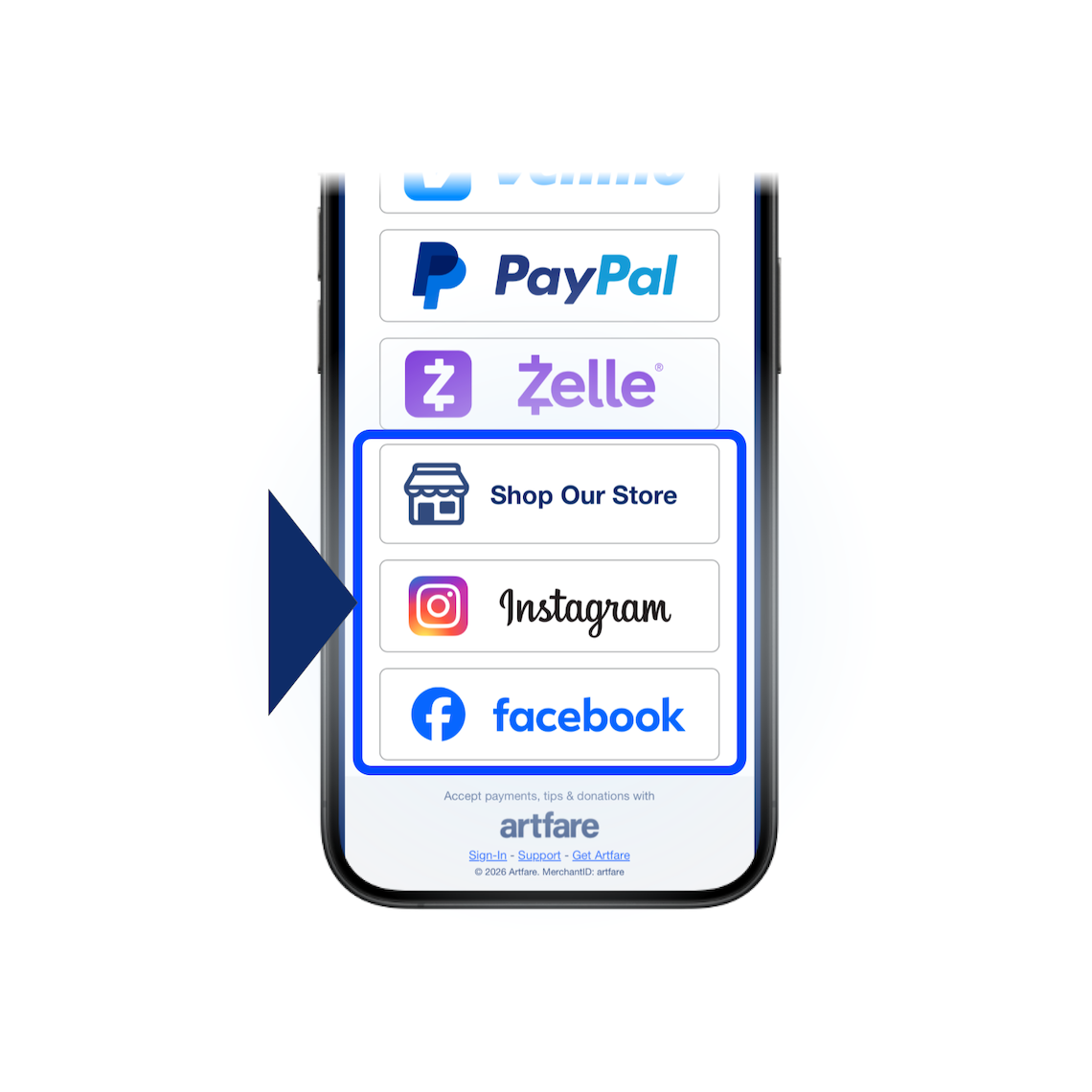 Artfare support websites and social links.