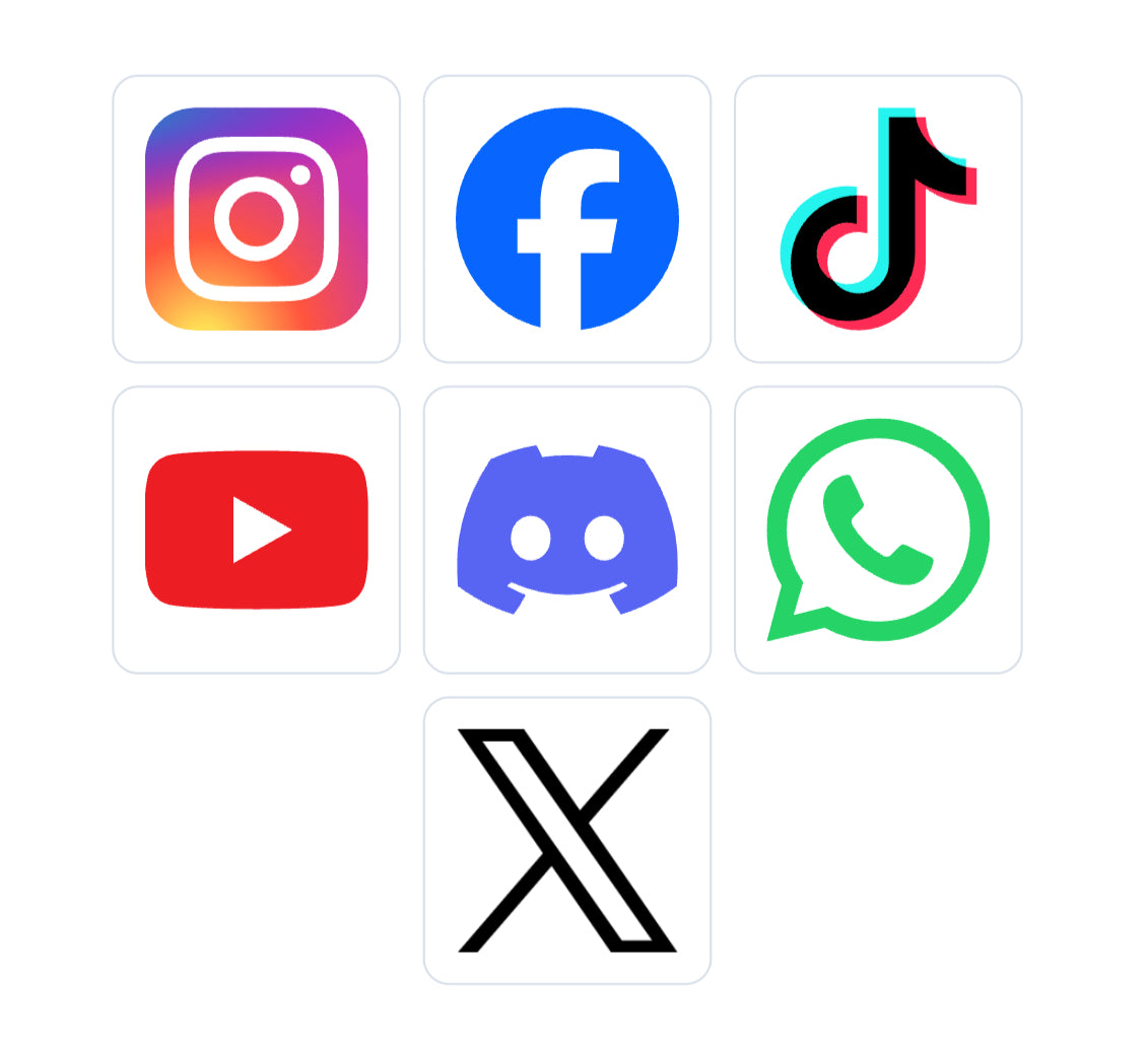 Instagram, Facebook, TikTok, YouTube, Discord, WhatsApp, and X logos.