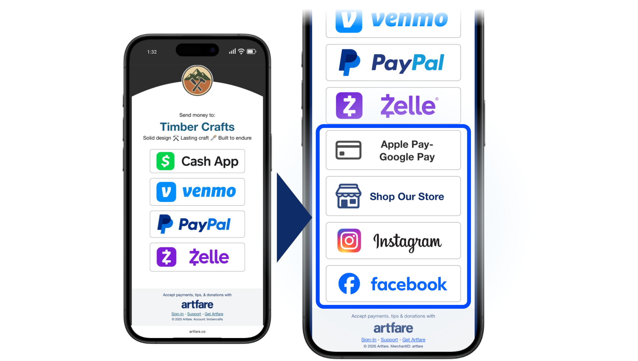 Before-and-after Artfare QR page showing payment buttons with added website and social links.