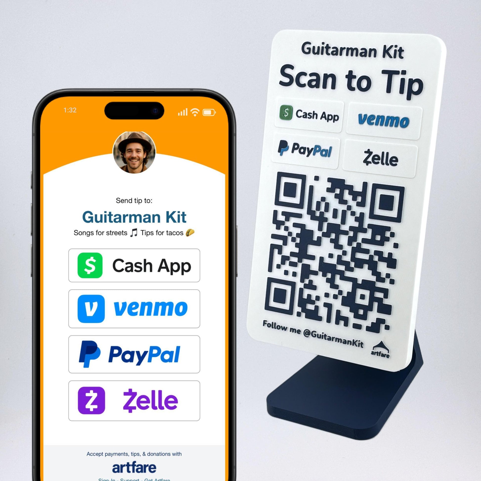 Artfare Max QR payment sign with phone scan example with Venmo Cash App PayPal Zelle