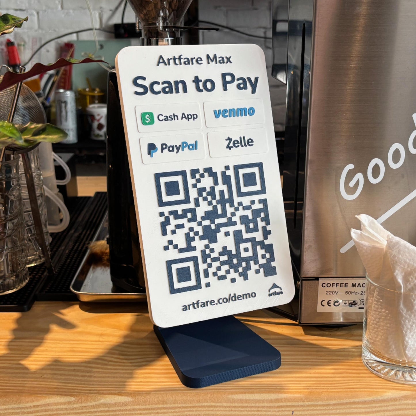 Artfare Max QR payment sign in use café setting Venmo Cash App PayPal Zelle