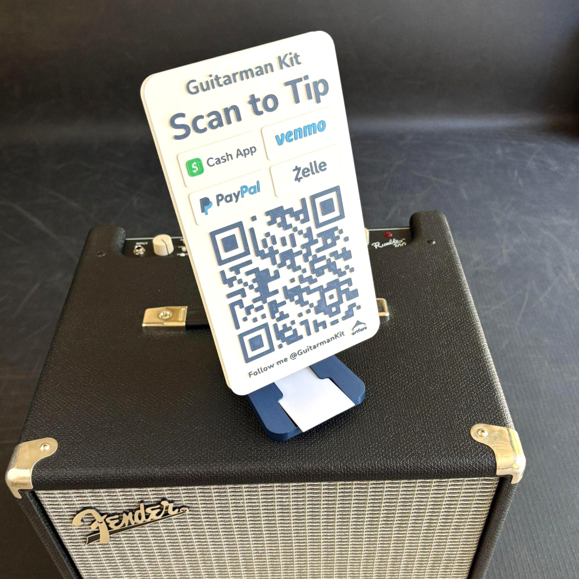 Artfare Max QR payment sign angled in use for performer Scan to Tip