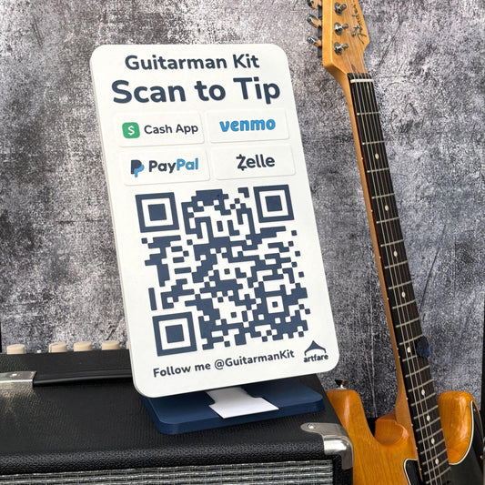 Artfare Mega QR payment sign front display with Venmo Cash App PayPal Zelle and guitar for sizing