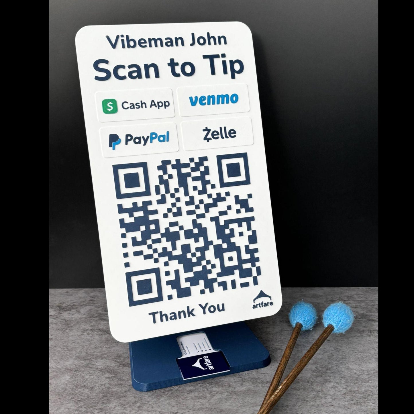 Artfare Mega QR payment sign angled display with Venmo Cash App PayPal Zelle
