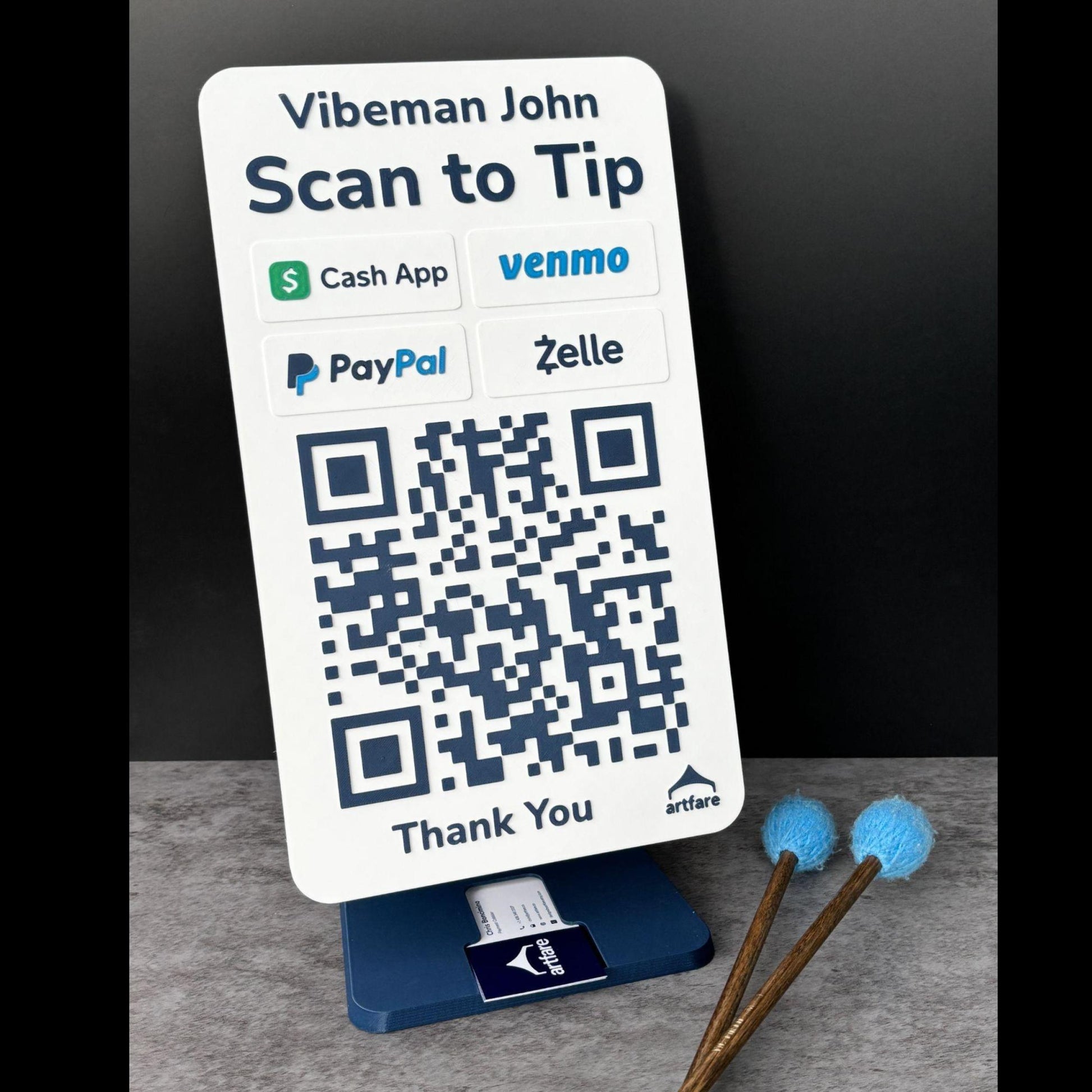 Artfare Mega QR payment sign angled display with Venmo Cash App PayPal Zelle