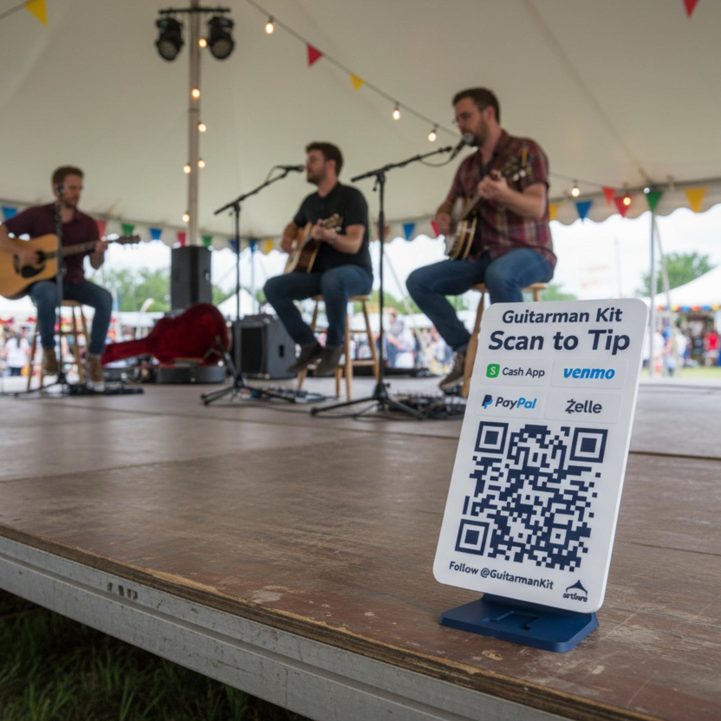 Artfare Mega QR payment sign in use with stage performers