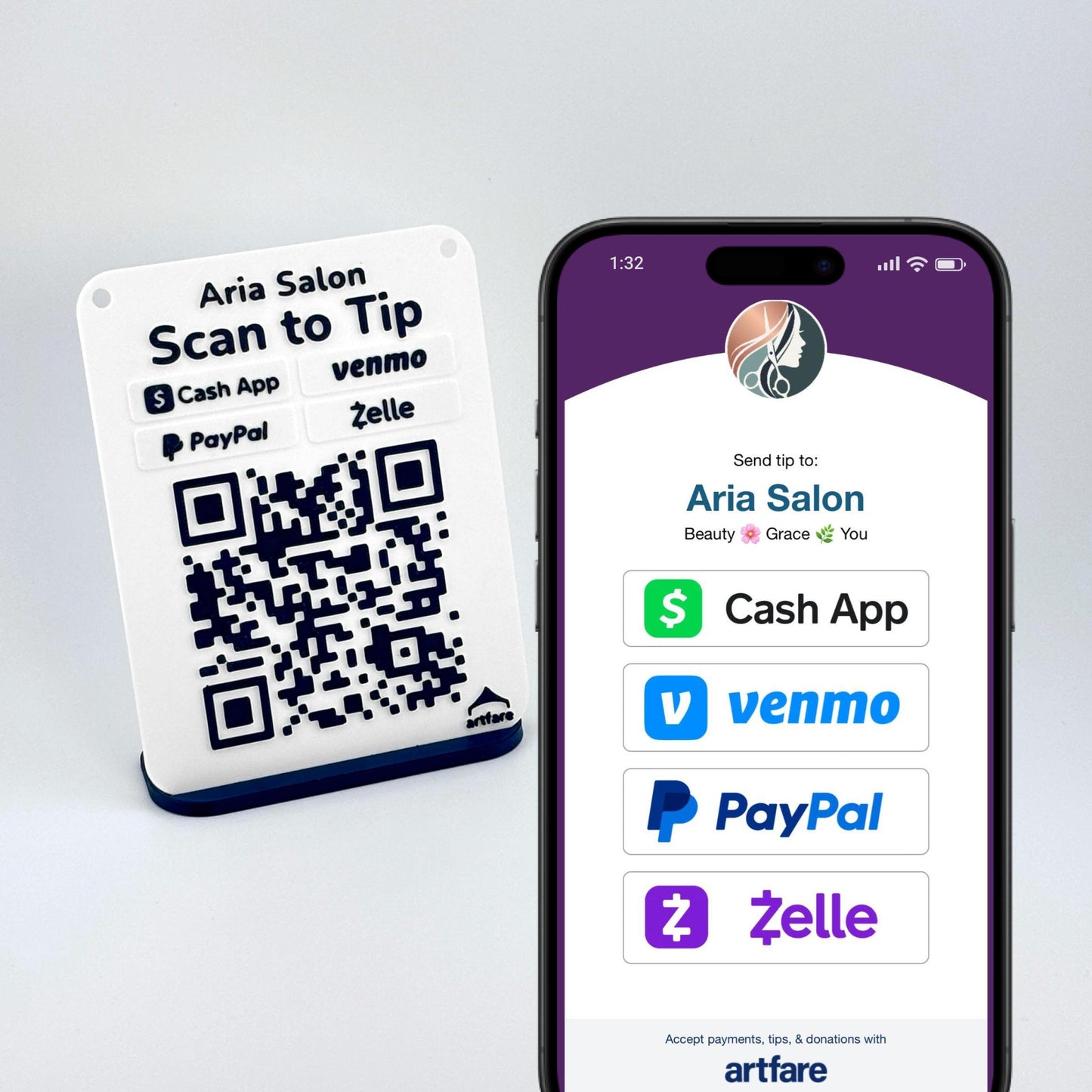 Artfare Micro QR payment sign for Venmo Cash App PayPal Zelle with phone scan example