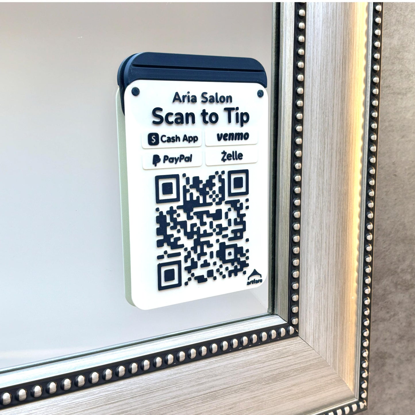 Artfare Micro QR payment sign for Venmo Cash App PayPal Zelle vertical display on mirror