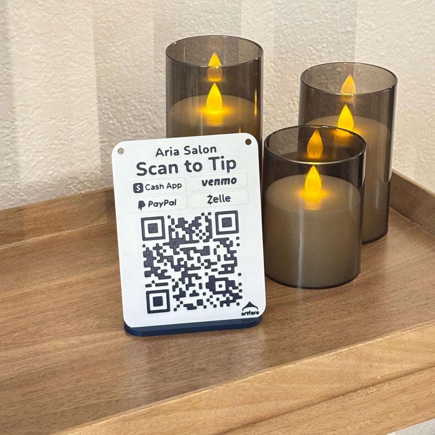 Artfare Micro QR payment sign for Venmo Cash App PayPal Zelle angled countertop view