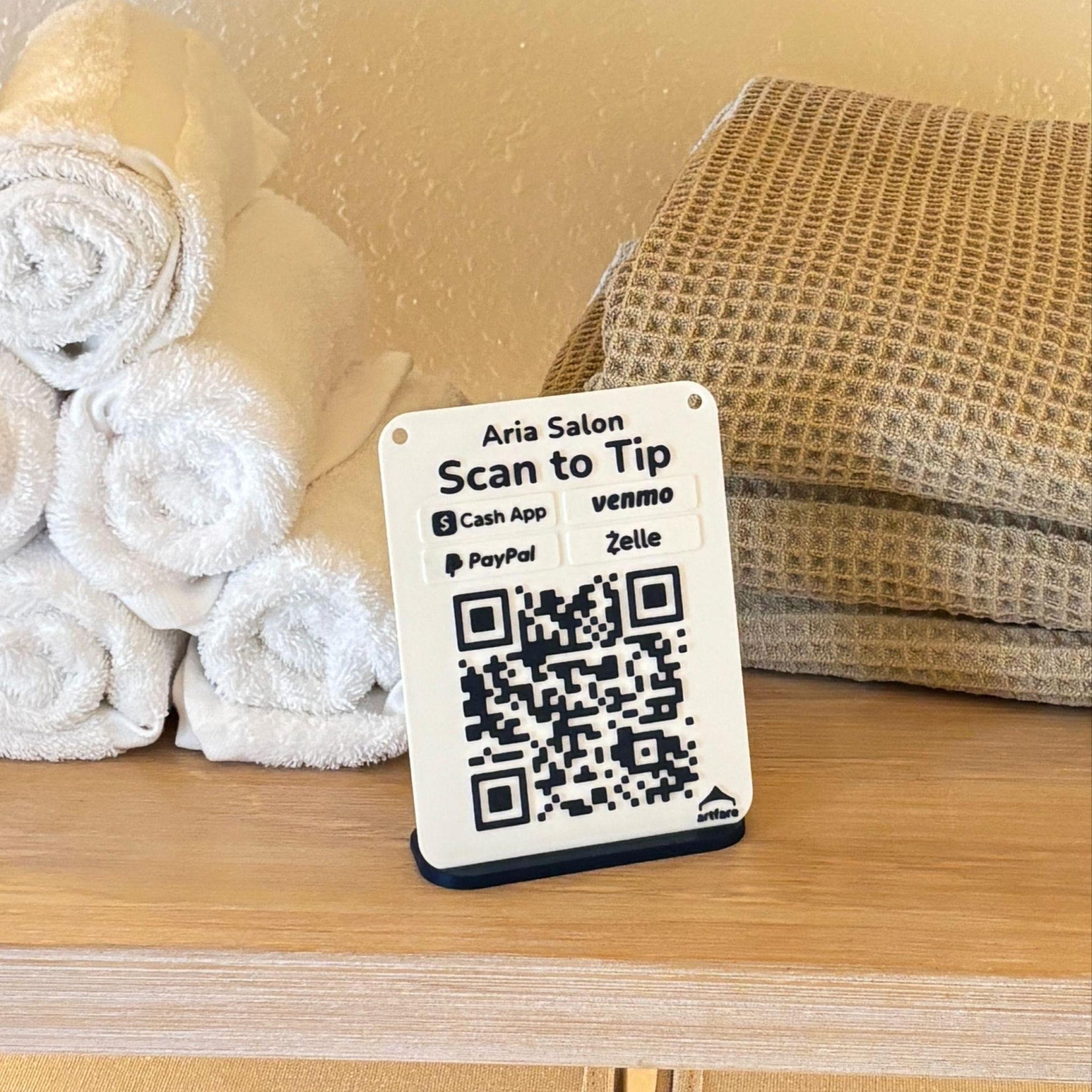 Artfare Micro QR payment sign for Venmo Cash App PayPal Zelle angled countertop view