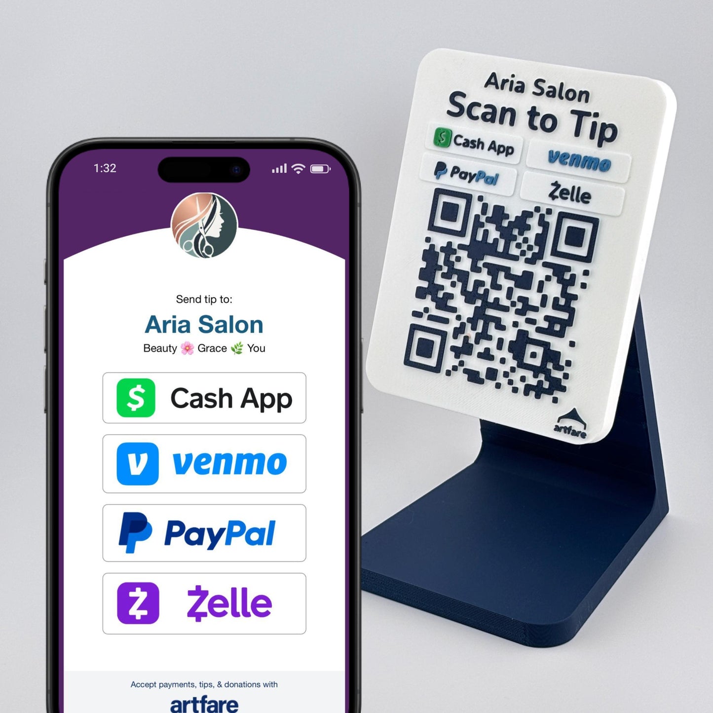Artfare Compact QR payment sign on counter stand with phone scan example and Venmo Cash App PayPal Zelle