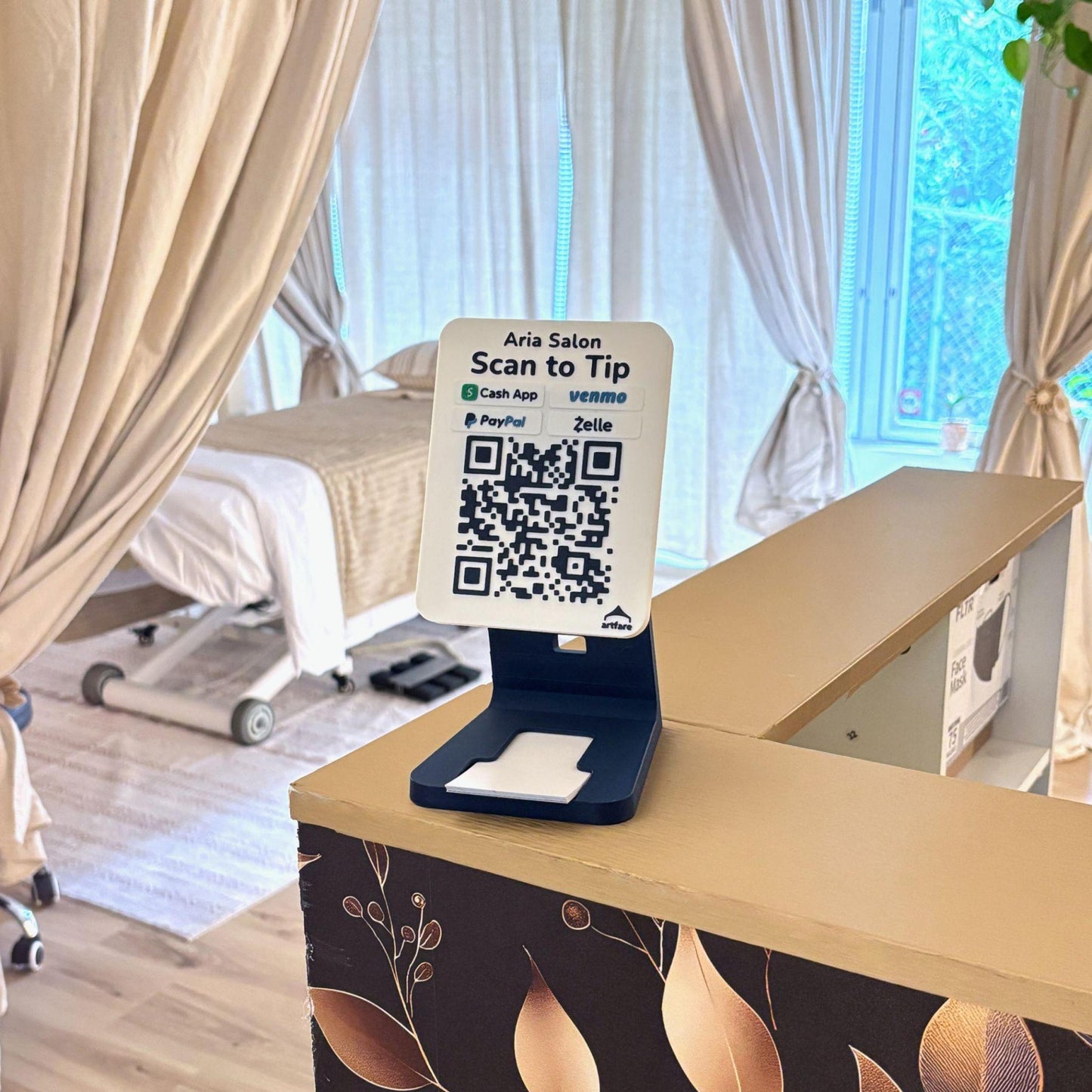 Artfare Compact QR payment sign on counter stand in use salon spa setting