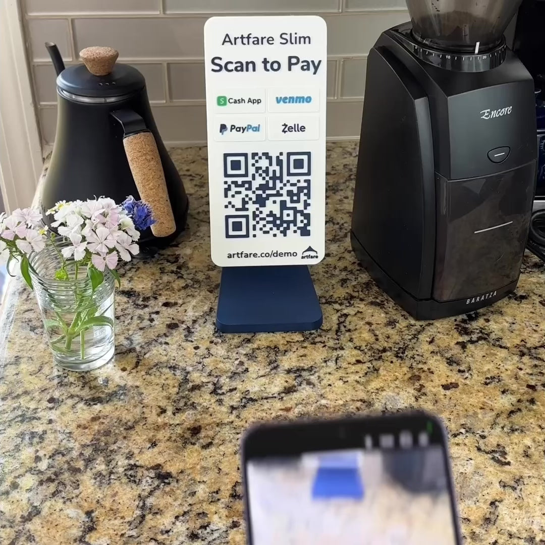 Video of Artfare Slim QR payment sign for Venmo Cash App PayPal Zelle. Scan to use. Scan to activate