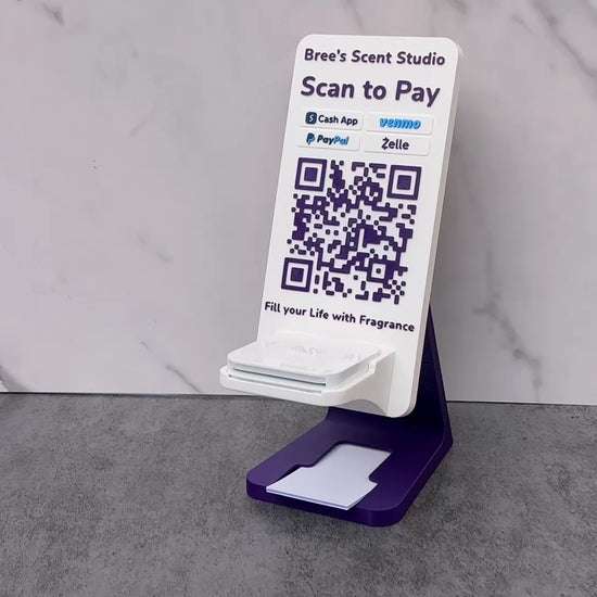 Artfare Ultra purple QR payment sign with Square reader holder for Venmo Cash App PayPal Zelle checkout demo