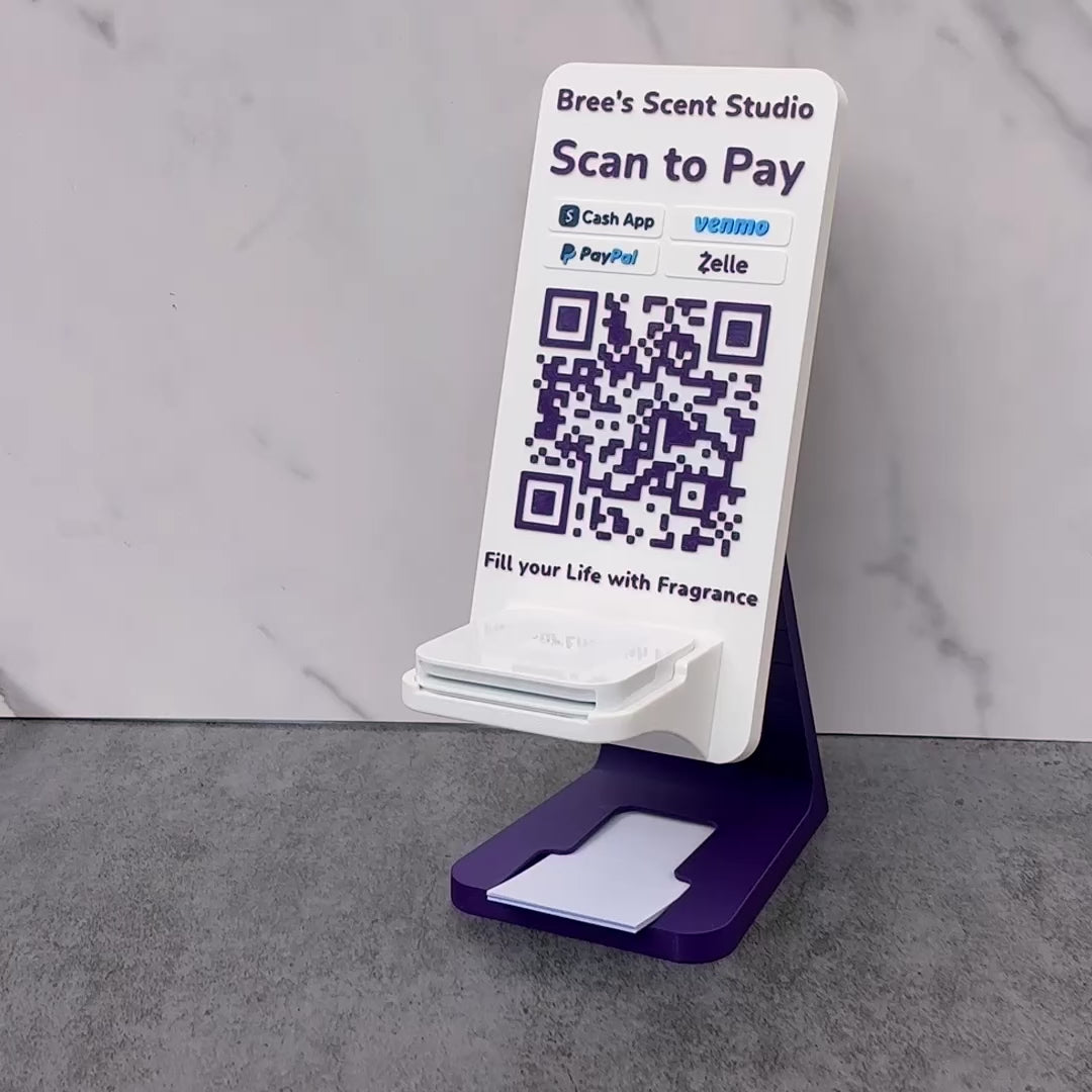 Artfare Ultra purple QR payment sign with Square reader holder for Venmo Cash App PayPal Zelle checkout demo