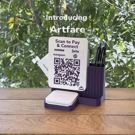 Artfare Shopkeeper shown in action using a Square Reader and scanning the sign with an iPhone to a page with Venmo, Cash App, Instagram, Google Reviews