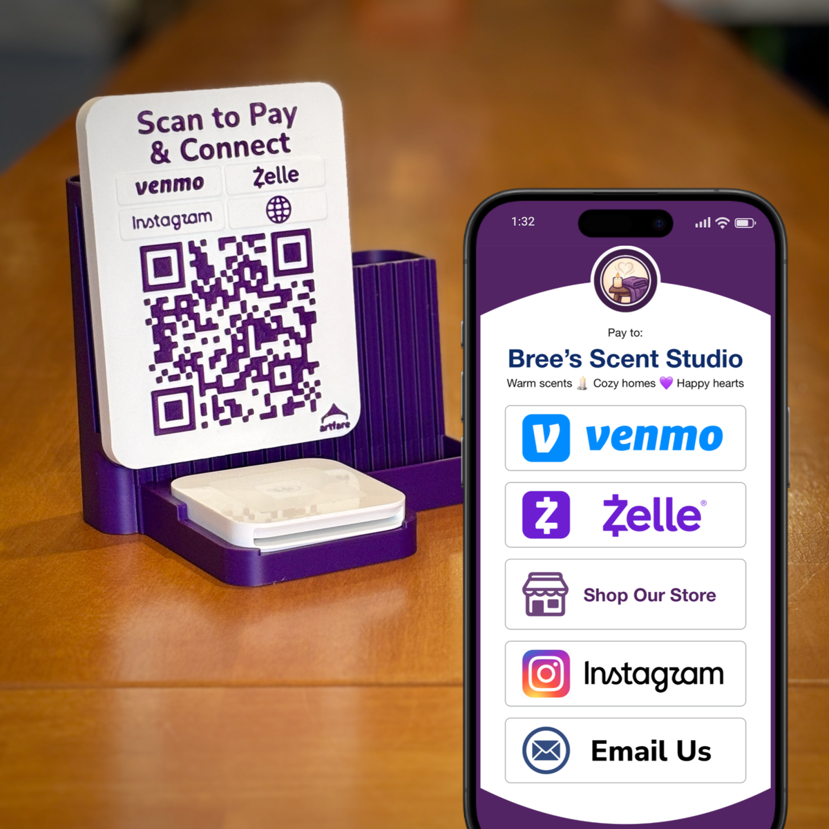 Purple Scan to Pay and Connect sign with Square Reader beside a phone showing the scan page with Venmo, Zelle, shop, Instagram and email buttons