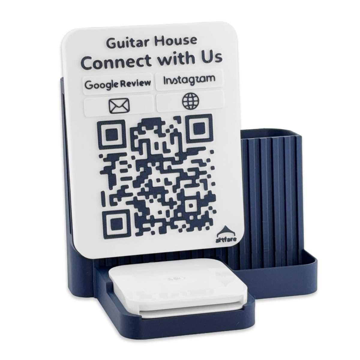 Navy Shopkeeper Square Reader dock with Connect with Us QR sign and Square Reader on a white background