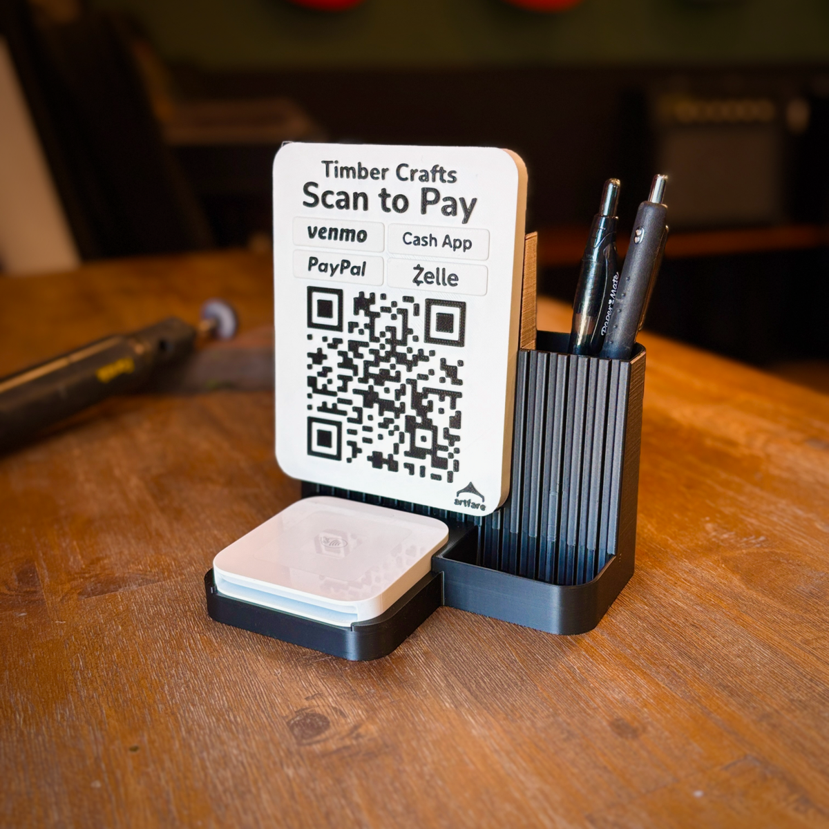 Black Shopkeeper Square Reader dock with Timber Crafts Scan to Pay sign for Venmo, Cash App, PayPal and Zelle