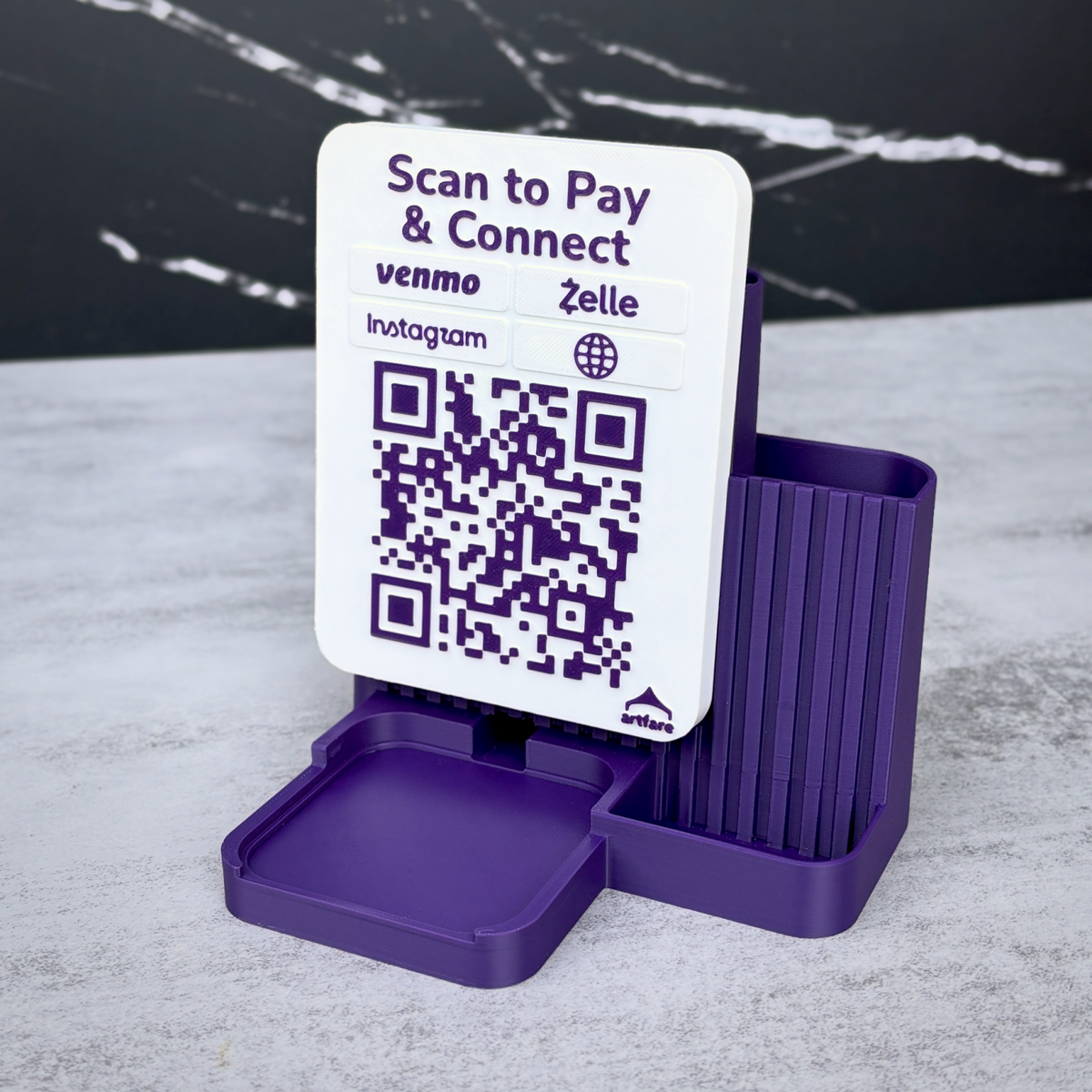 Purple Shopkeeper Square Reader dock with empty reader tray and Scan to Pay and Connect QR sign
