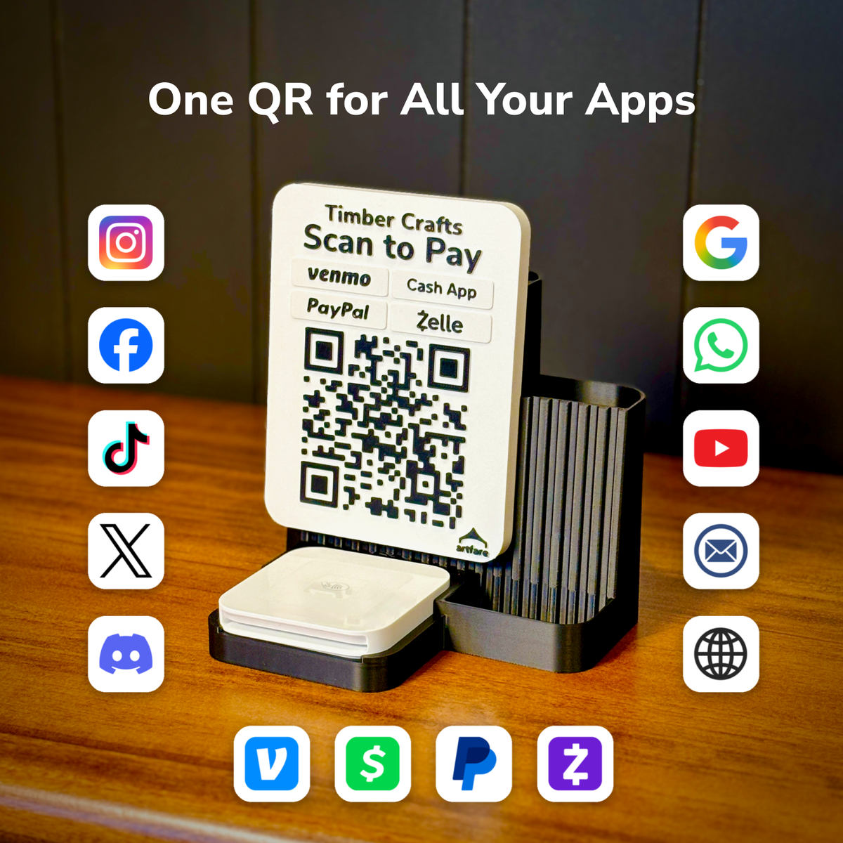 One QR for all your apps: black Shopkeeper Square Reader dock with Timber Crafts sign and payment and social app icons