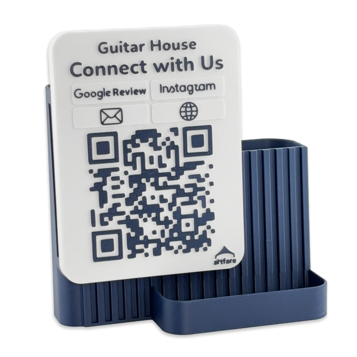 Artfare Shopkeeper QR sign in navy with Guitar House Connect with Us, Google Review, Instagram, email and website logos, business card holder and organizer