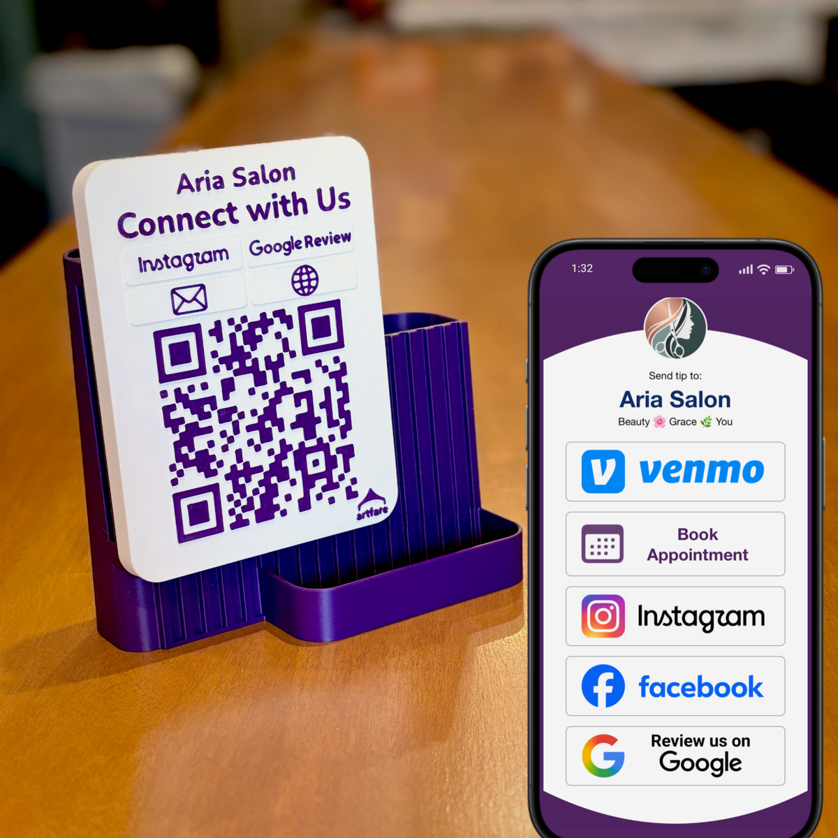 Purple Shopkeeper sign for Aria Salon beside a phone showing the branded scan page with Venmo, booking, Instagram, Facebook and Google review buttons