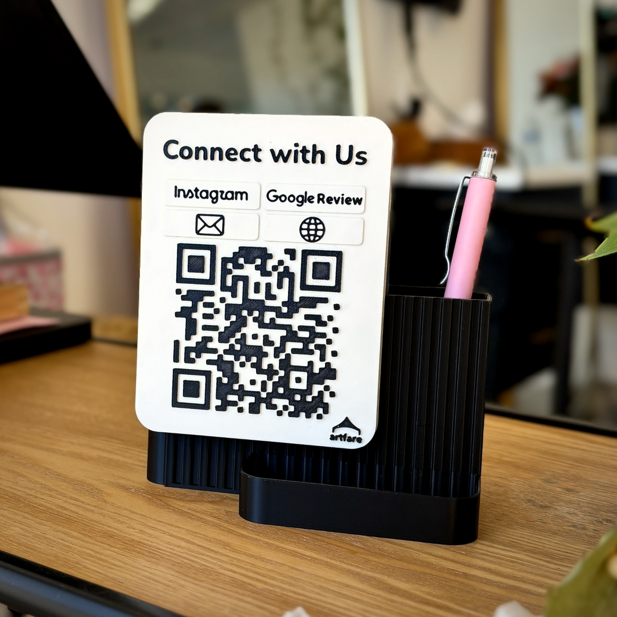 Black Shopkeeper Connect with Us QR sign with Instagram, Google Review, email and website buttons and a pen in the organizer