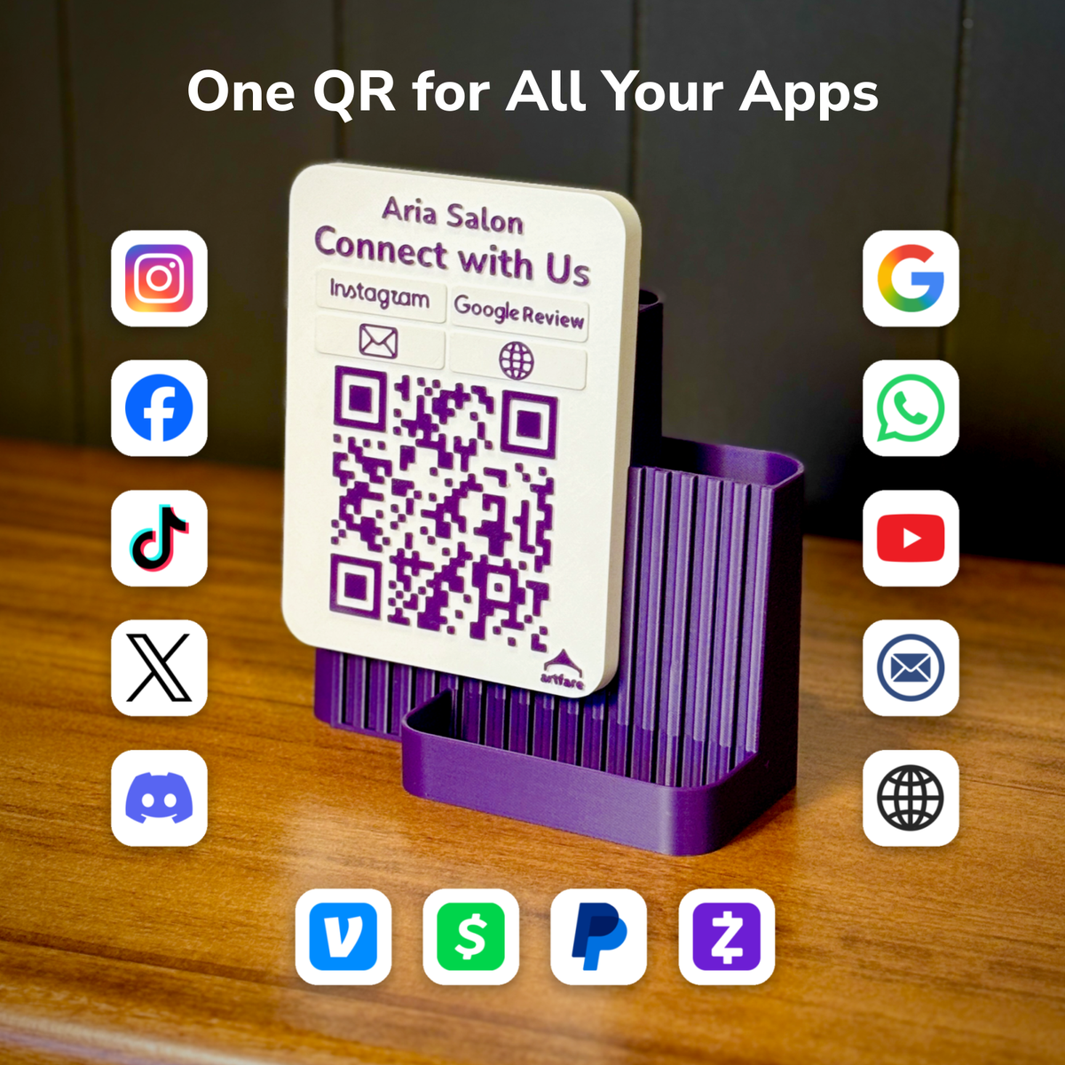 One QR for all your apps: purple Shopkeeper sign with Instagram, Facebook, TikTok, X, Discord, Google, WhatsApp, YouTube, email, website, Venmo, Cash App, PayPal, Zelle