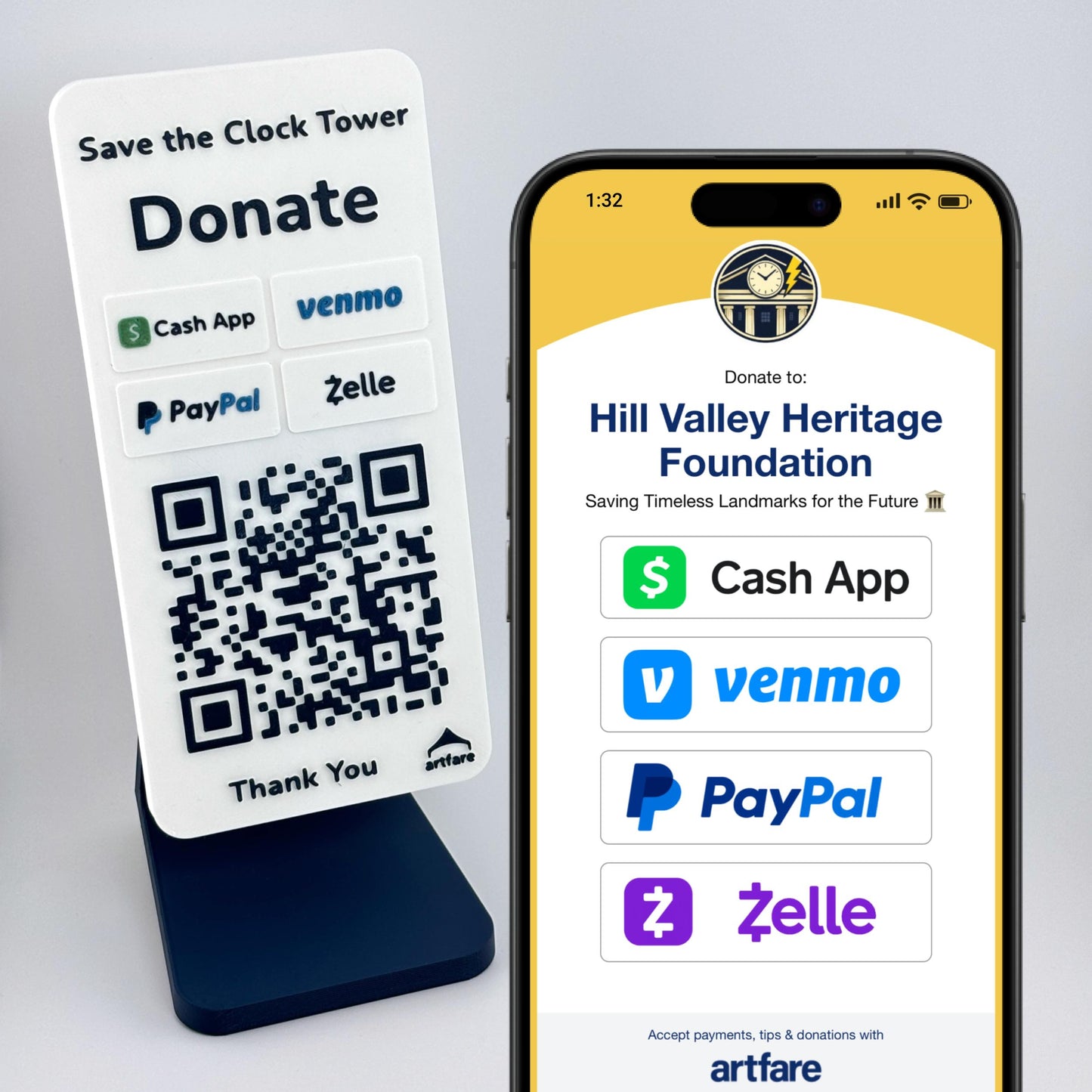Artfare Slim QR payment sign on counter stand with phone scan example with Venmo Cash App PayPal Zelle