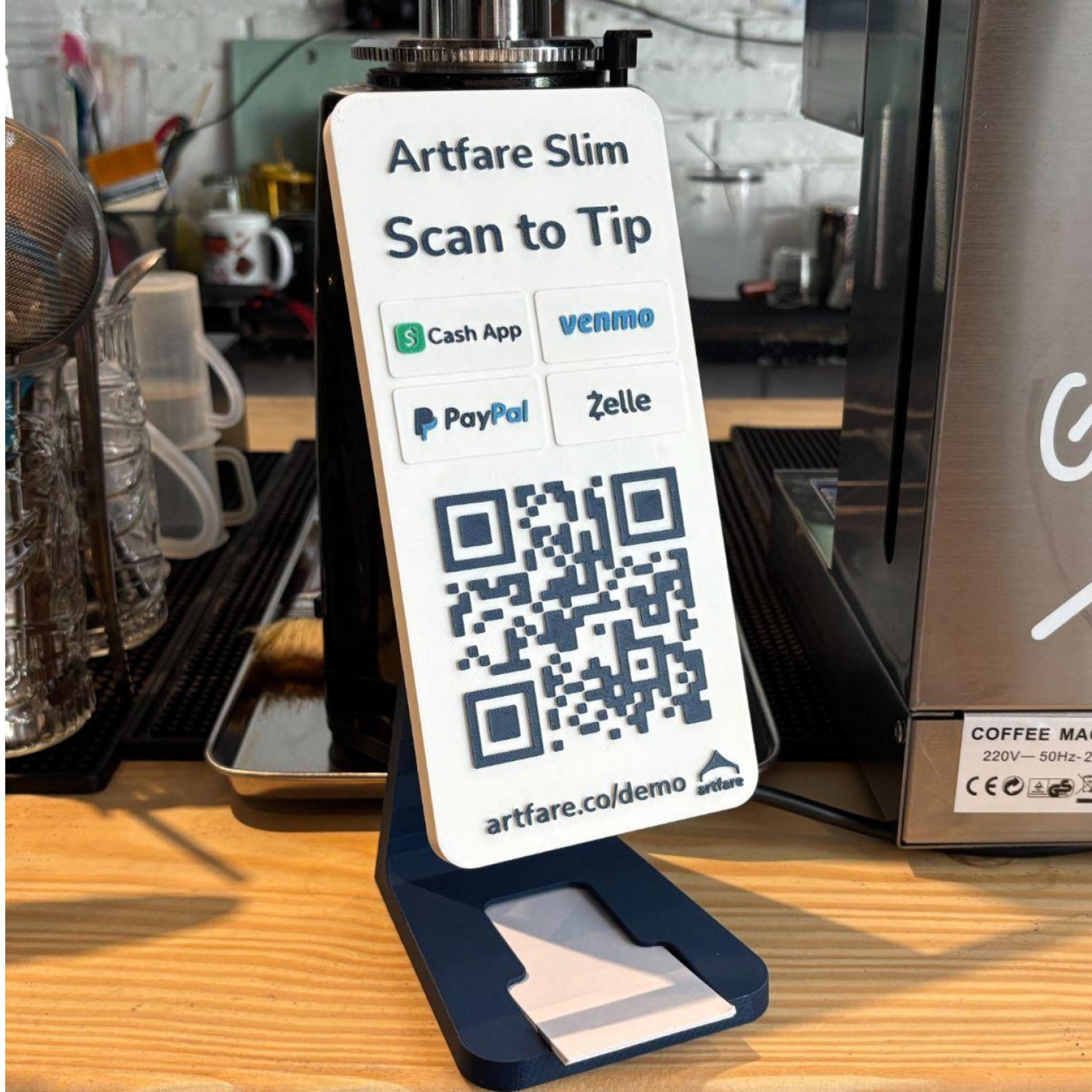 Artfare Slim QR payment sign on counter stand in use café setting