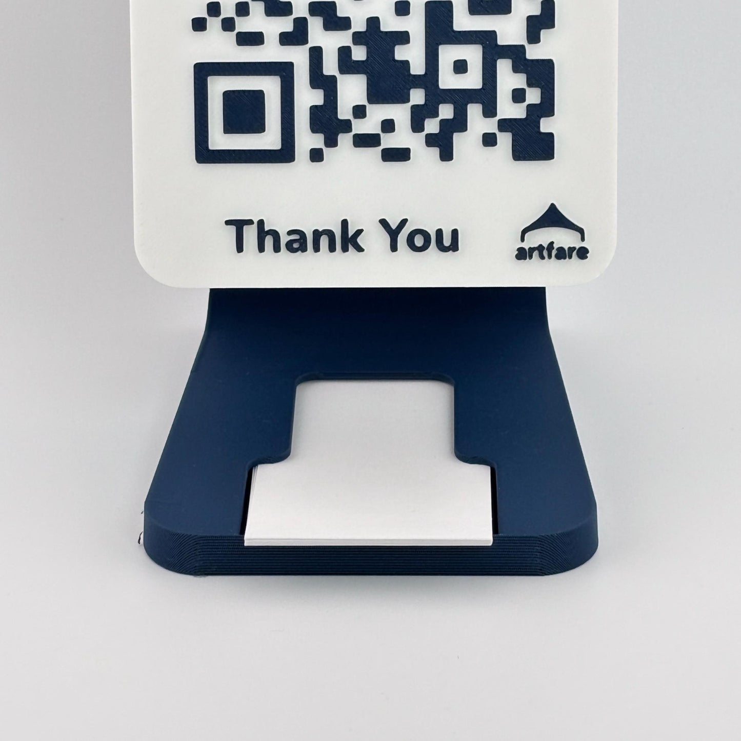 Artfare Slim QR payment sign on business card holder stand close up detail