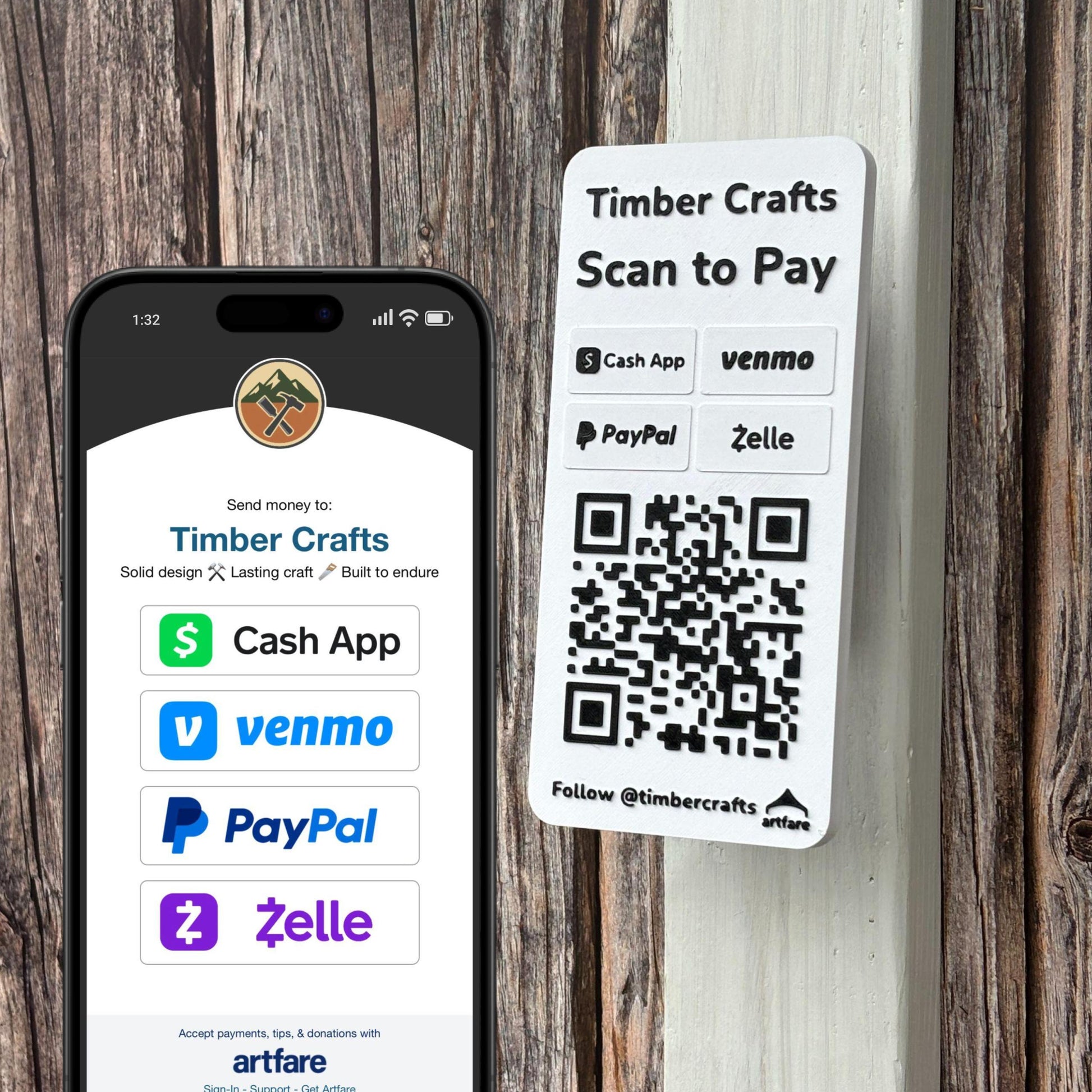 Artfare Slim Outdoor QR payment sign with phone scan example with Venmo Cash App PayPal Zelle