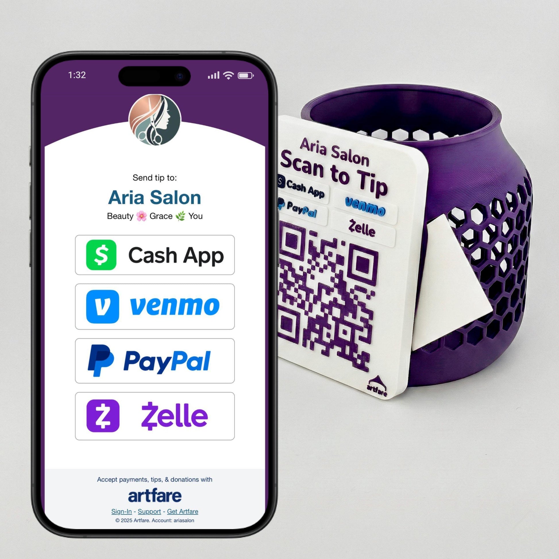 Artfare Compact Tip Jar QR payment sign with phone scan example Venmo Cash App PayPal Zelle