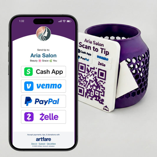 Artfare Compact Tip Jar QR payment sign with phone scan example Venmo Cash App PayPal Zelle