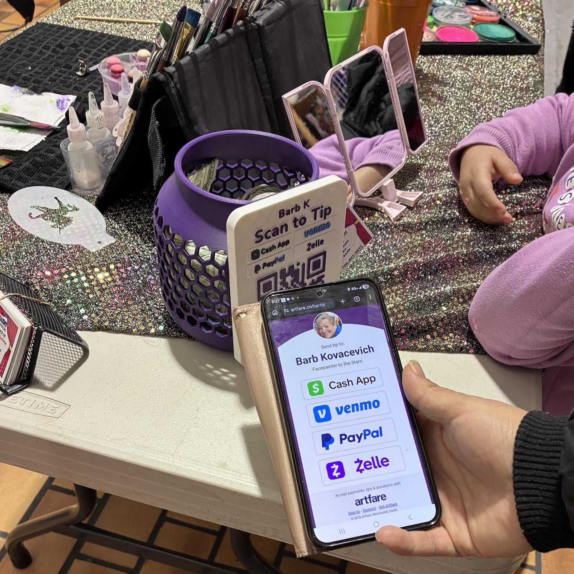 Artfare Compact Tip Jar QR payment sign in use performer setting Venmo Cash App PayPal Zelle