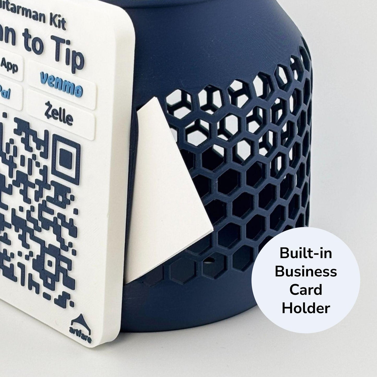 Artfare Compact Tip Jar QR payment sign angled detail of business card holder