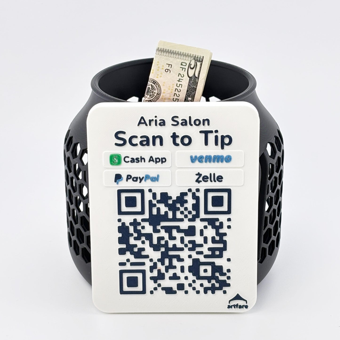 Artfare Compact Tip Jar QR payment sign black version