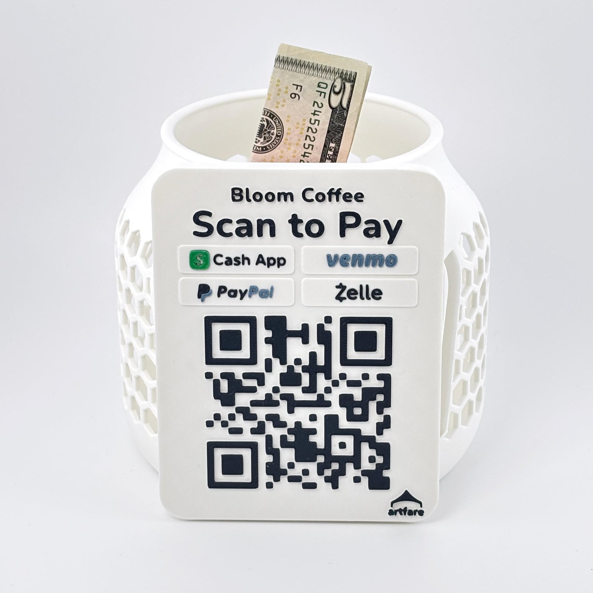 Artfare Compact Tip Jar QR payment sign white version