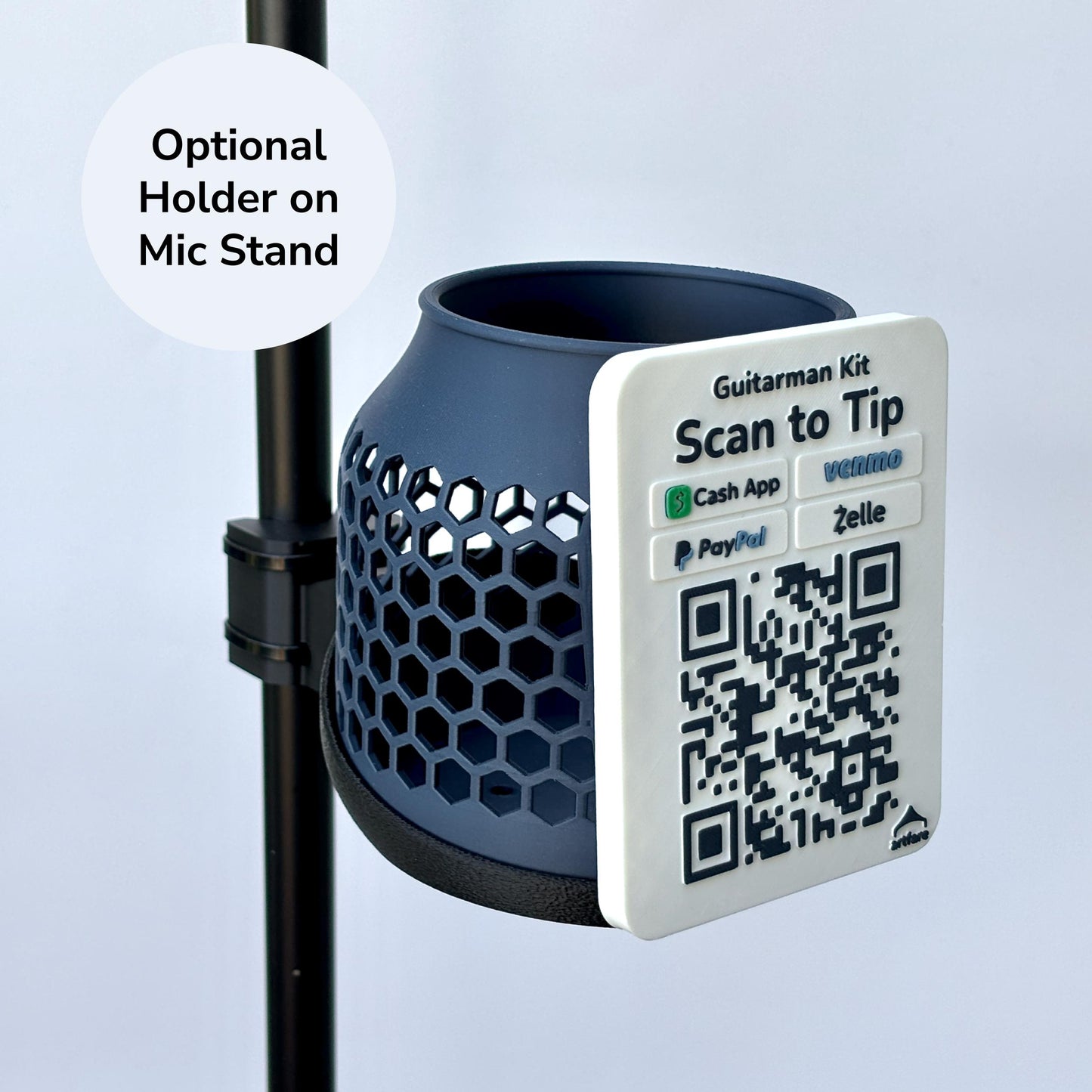 Artfare Compact Tip Jar QR payment sign mounted on microphone stand