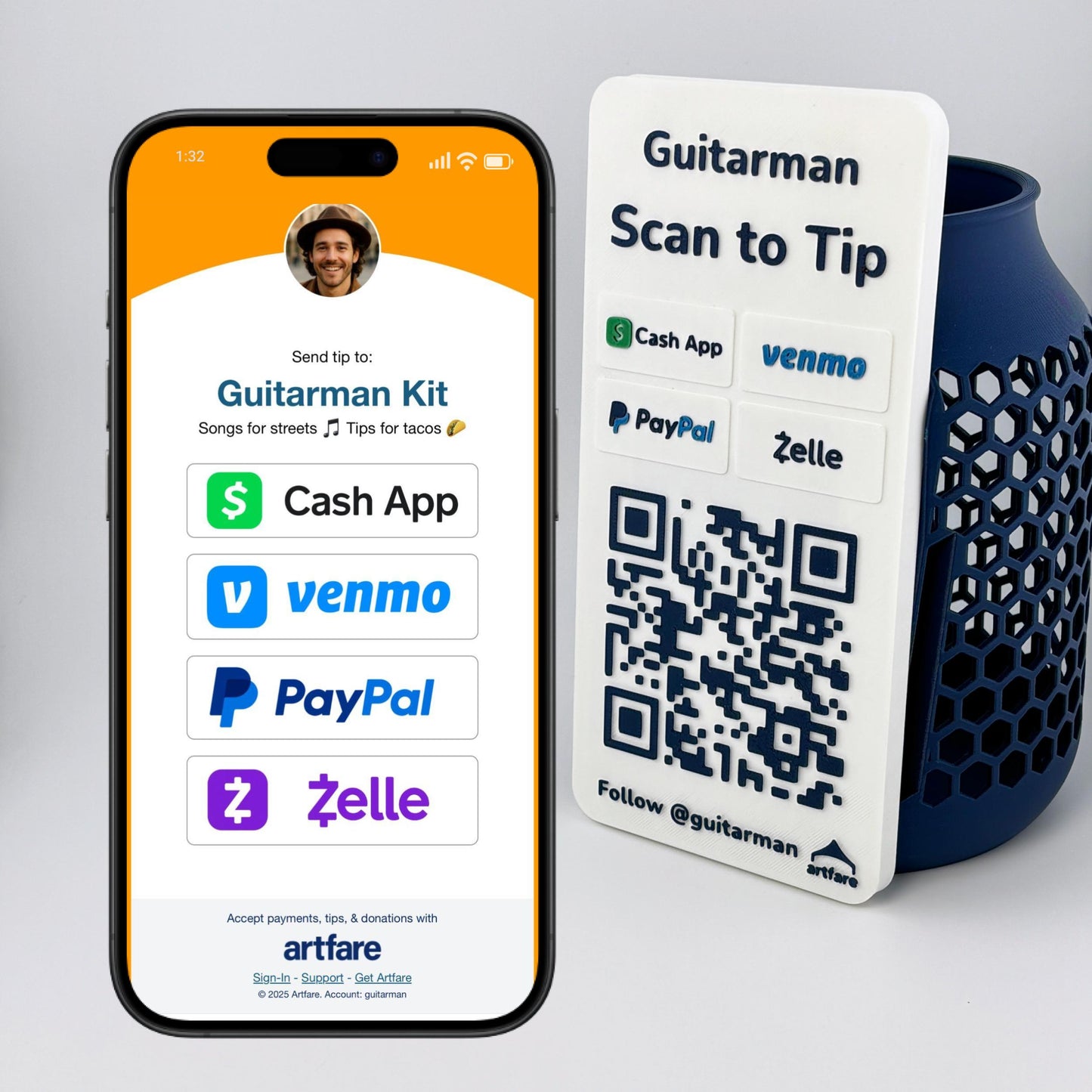 Artfare Tip Jar with QR payment sign with phone scan example Venmo Cash App PayPal Zelle