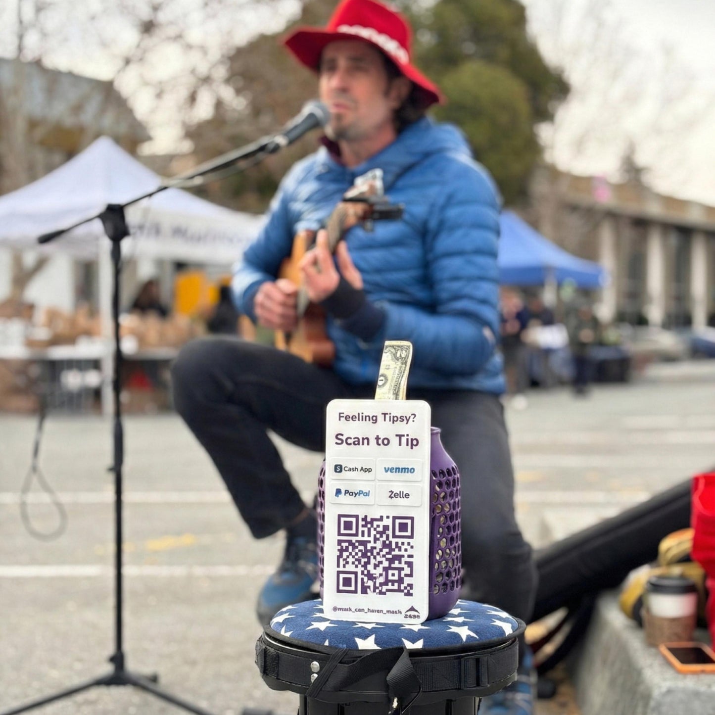 Artfare Tip Jar with QR payment sign in use performer setting