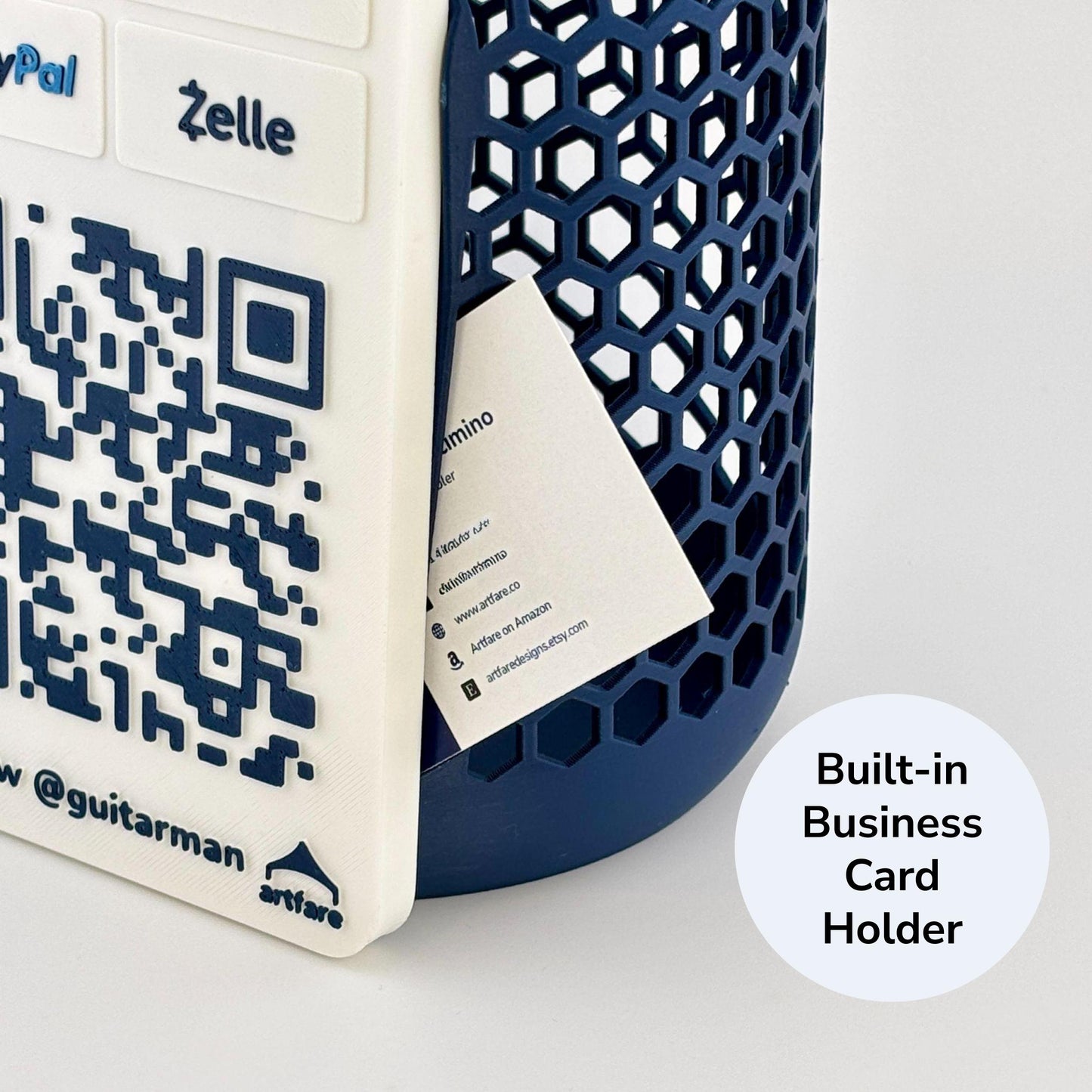 Artfare Tip Jar with QR payment sign angled detail of business card holder Venmo Cash App PayPal Zelle