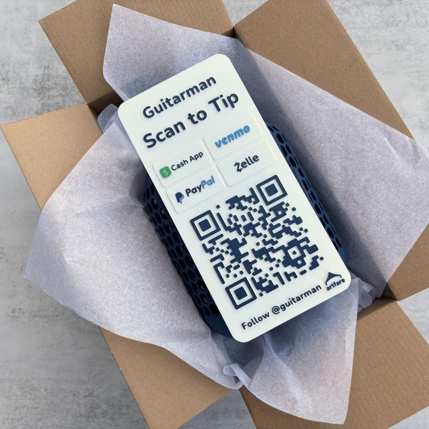 Artfare Tip Jar with QR payment sign handheld for Venmo Cash App PayPal Zelle unboxing view