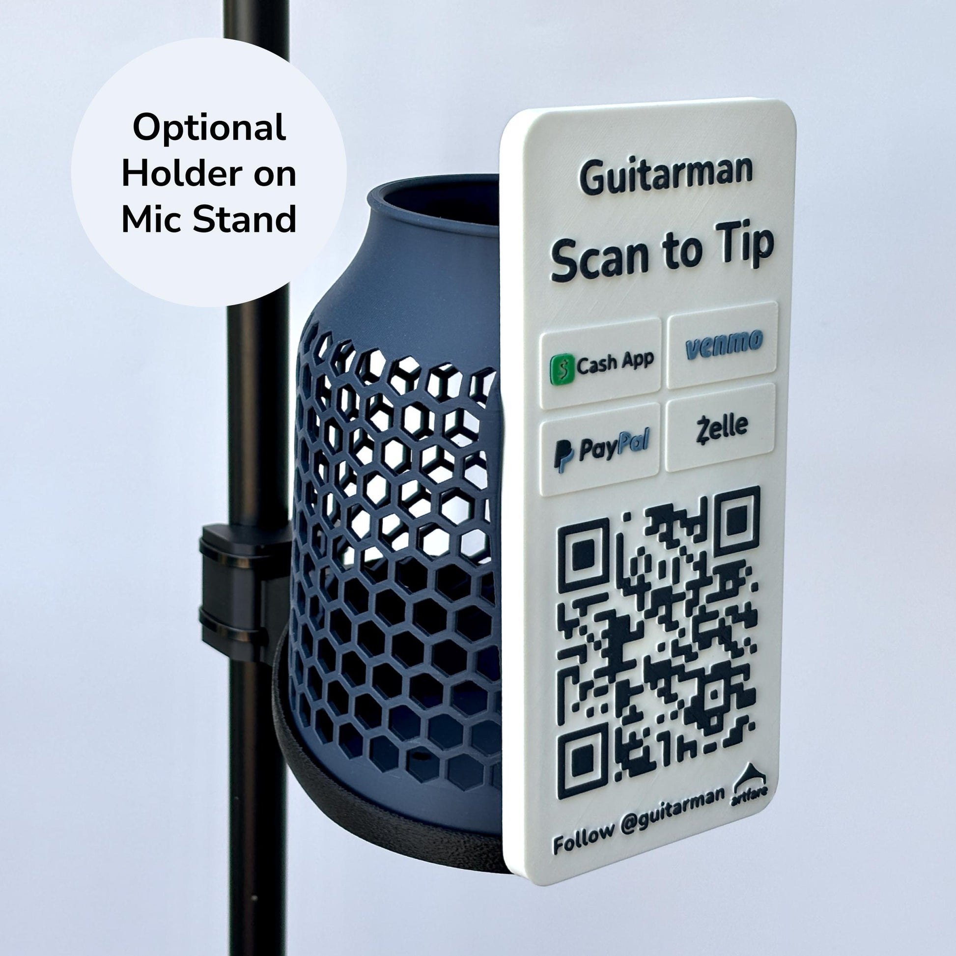 Artfare Tip Jar with QR payment sign and business card holder for Venmo Cash App PayPal Zelle mounted on mic stand