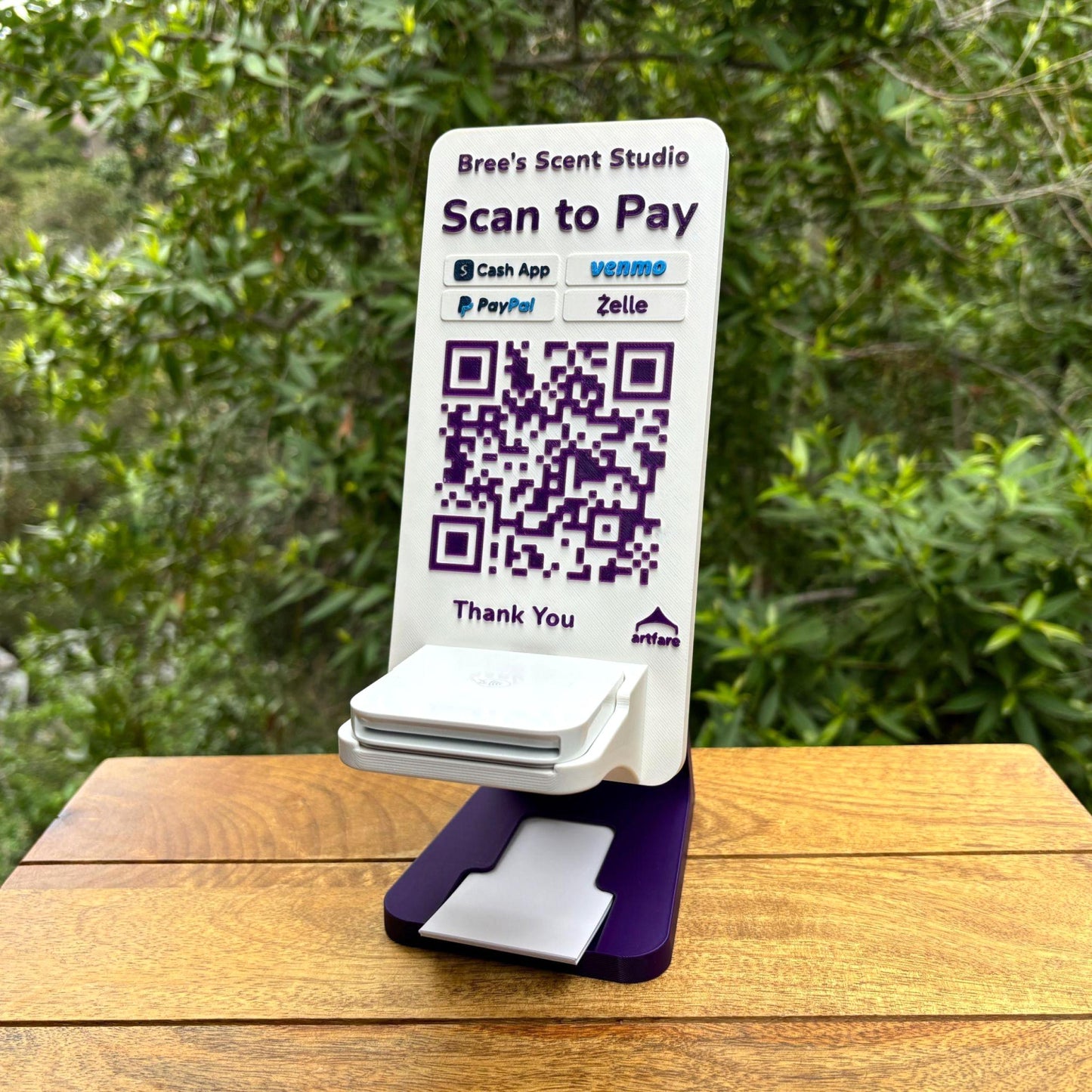 Artfare Ultra Square card reader holder and QR payment sign for Venmo Cash App PayPal Zelle with purple base