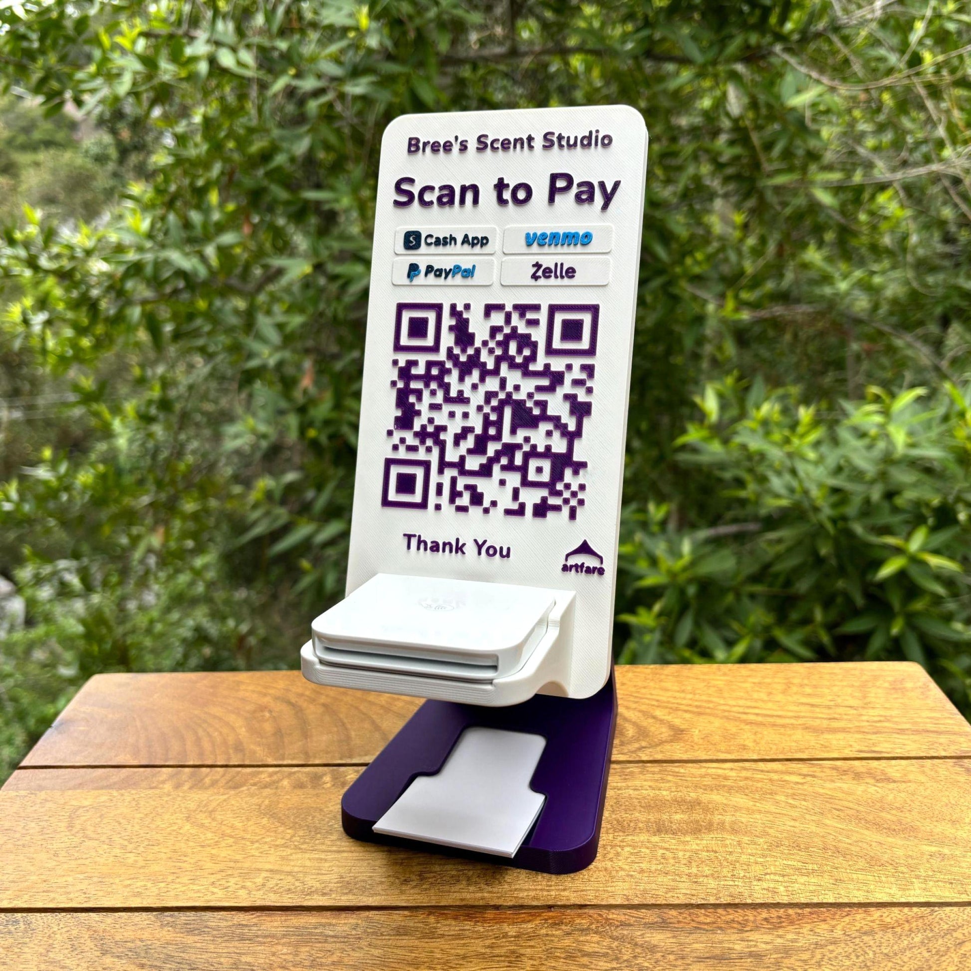 Artfare Ultra Square card reader holder and QR payment sign for Venmo Cash App PayPal Zelle with purple base