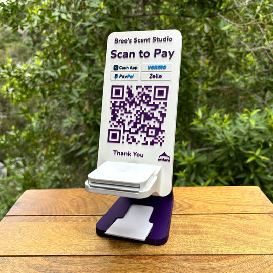 Artfare Ultra Square card reader holder and QR payment sign for Venmo Cash App PayPal Zelle with purple base