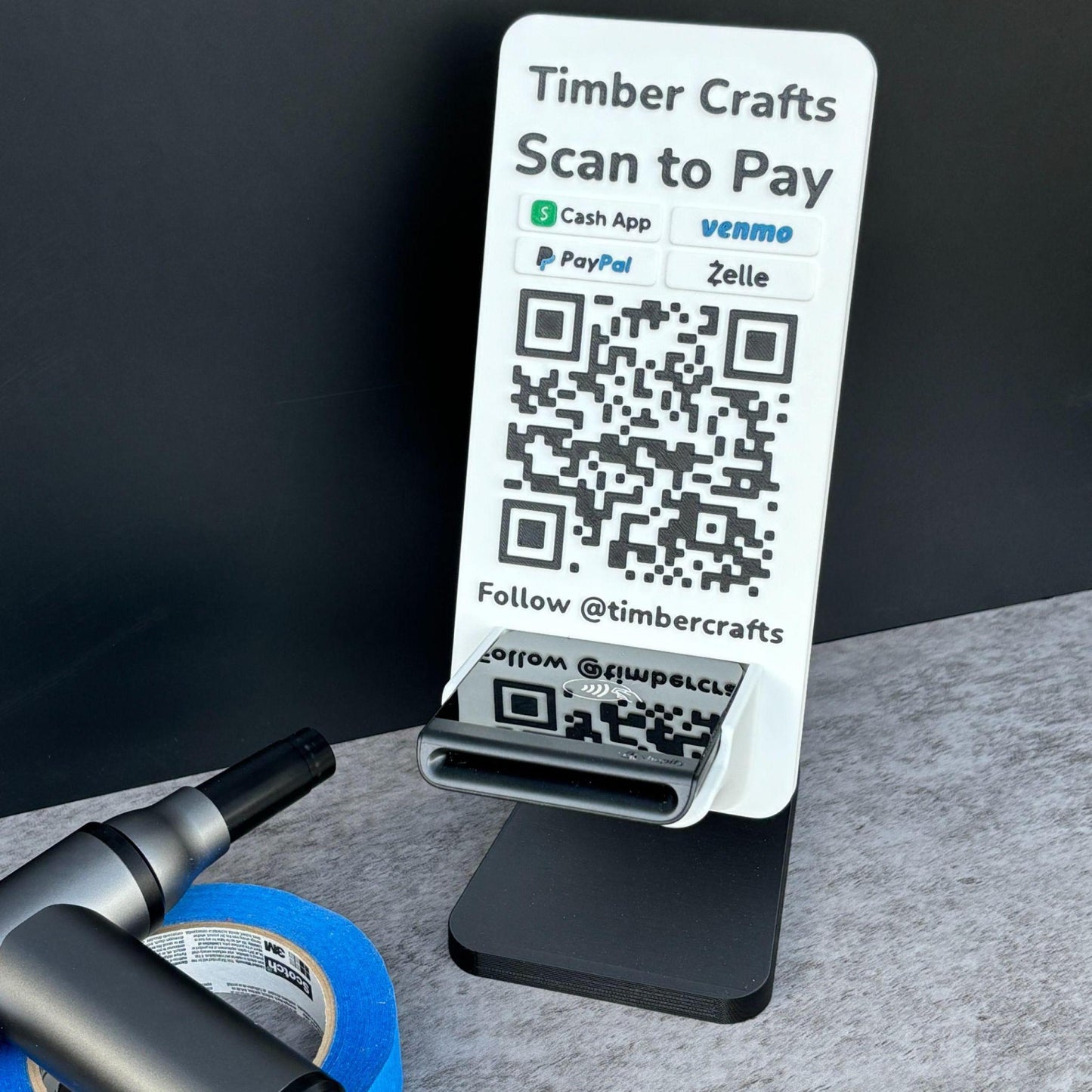 Artfare Ultra QR payment sign with Shopify reader holder angled countertop view